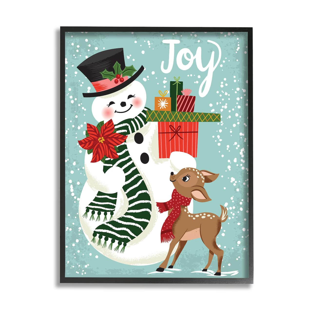Stupell Industries Joy Smiling Snowman Holiday Deer Framed Giclee Art